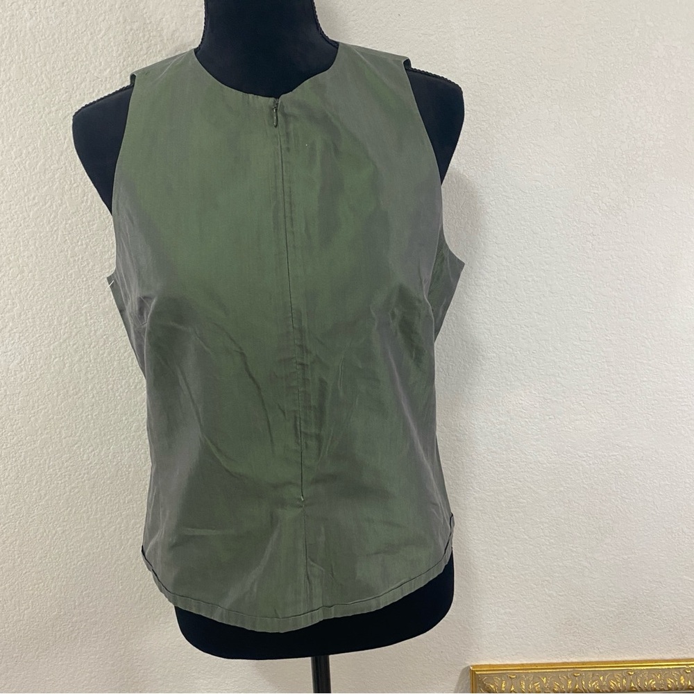 Rene Lezard Green Sleeveless‎ Top, Zip Front, Shimmery, Sz 40, Cotton/Silk Blend